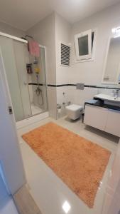 a bathroom with a shower and a toilet and a sink at Urla Sea View House in Urla +49 photos