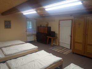 a room with two beds and a cabinet and a door at Chalupa U Tety v Bystrém in Dobruška