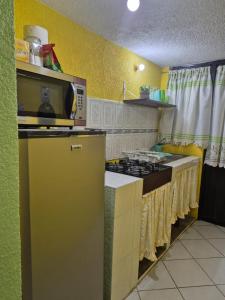 a kitchen with a stove and a microwave at Casa de los Sauces in Toluca