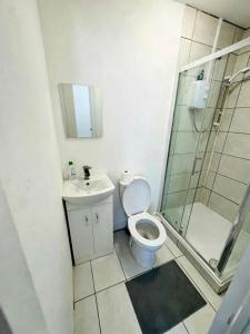 a bathroom with a toilet and a shower and a sink at Romford 4-Bed Home Sleeps 7 with Garden & Parking in Romford