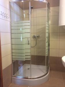 um chuveiro com uma porta de vidro na casa de banho em Kislőd Apartman em Kislőd