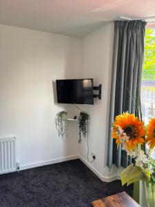 a room with a tv on a wall with a window at Sunny and Comfortable Studio in Southport