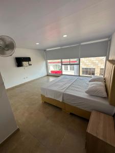 a bedroom with a large bed and a large window at Hotel Central Park Cartago in Cartago