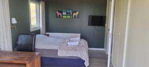 ein Zimmer mit einem Bett, einem Tisch und einem Fenster in der Unterkunft Gil guesthouse in Búðardalur