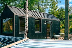 a green tiny house with a black roof at OtuliLas - Tiny House in Komarno