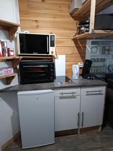 a kitchen with a microwave oven and a counter top at Résidence le Schuss Studio Montagne en bas des pistes in Vars