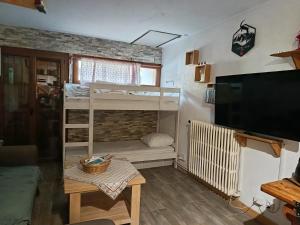 a living room with bunk beds and a flat screen tv at Résidence le Schuss Studio Montagne en bas des pistes in Vars