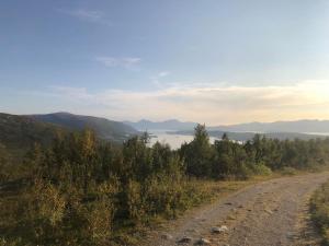 a dirt road with a view of a lake and mountains at Venusvegen Skyline Views in Tromsø +17 photos