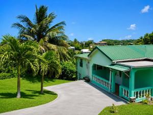 a blue house with a green roof and palm trees at Tropical Breeze Grenada in Westerhall Land Settlement