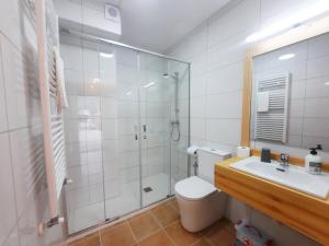 a bathroom with a shower and a toilet and a sink at SEL apartamentos rurales in Sel de la Carrera +34 photos