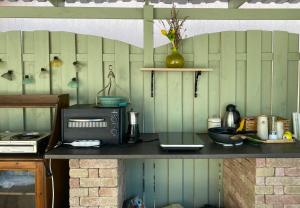 a kitchen with a counter top with a microwave at Villa Lavanda Vendégház & Spa in Gyulakeszi