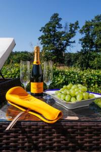 Una botella de vino y un cuenco de uvas sobre una mesa. en Rezydencja PPPR, 