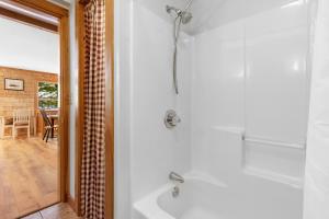 a bathroom with a shower and a tub at Waterfront cabin w/ outdoor firepit, dock, and lake views - dogs welcome in Greenville