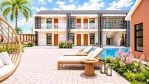 a patio with chairs and a pool in front of a house at HMT Guest House in Thohoyandou
