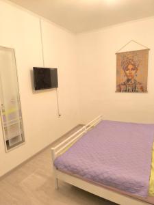a bedroom with a bed with purple sheets and a tv at Oaza Slankamen in Slankamenački Vinogradi