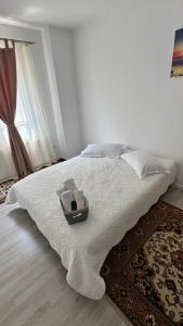 a white bedroom with a bed with a box on it at Villa Odorica in Gura Humorului