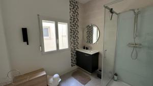 a bathroom with a shower and a sink and a mirror at Maison Diderot in Langres +16 photos