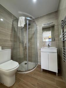 a bathroom with a shower and a toilet and a sink at Alojamentos do Conde in Ponte de Lima +57 photos