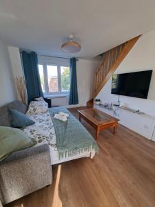 a bedroom with a bed and a couch and a tv at Aux Ogiers in Croix