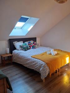 a bedroom with a bed and a skylight at Aux Ogiers in Croix
