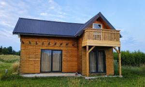 a tiny house with a deck on a field at Przystań Vianneya in Giebułtów