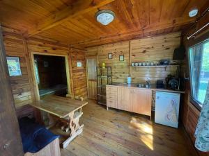 a kitchen in a log cabin with a wooden floor at Ośrodek Wypoczynkowy Sielawa in Chrzypsko Wielkie +25 photos