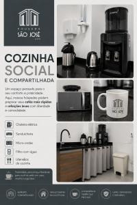 a collage of photos of a kitchen with a coffee maker at Pousada São José in Joinville
