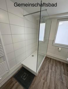 a shower with a glass door in a bathroom at Monteurwohnung Gieboldehausen in Gieboldehausen