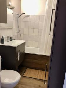 a bathroom with a toilet and a sink and a tub at Studio centre ville - 5min de la plage in Neufchâtel-Hardelot +13 photos