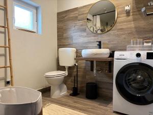 a bathroom with a washing machine and a mirror at 7sopot in Buzet +19 photos