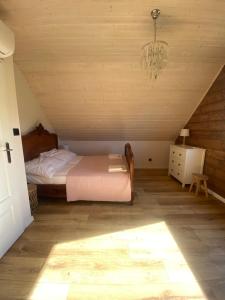 a bedroom with a bed and a chandelier in a attic at Karkonosze pod gwiazdami in Jarkowice