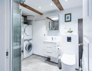 a bathroom with a washing machine and a washer and dryer at CPH Guest Homes in Copenhagen +85 photos