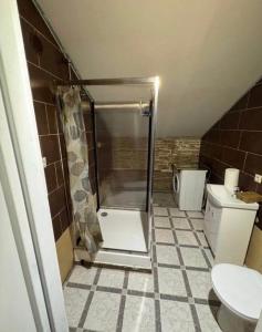 a bathroom with a shower and a toilet at Welcome Home in Piaseczno