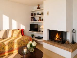 a living room with a bed and a fireplace at Casa Panorama in Brissago