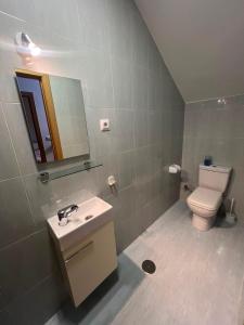 a bathroom with a toilet and a sink and a mirror at El Mensario in Campisábalos +7 photos