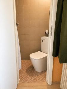 a bathroom with a white toilet in a room at Ruhiges & gemütliches Studio in Schneverdingen