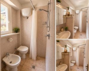 two pictures of a bathroom with a toilet and a shower at La Villetta in Scheggino