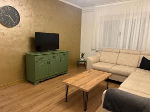 a living room with a green cabinet and a television at Garden View Apartment in Čapljina
