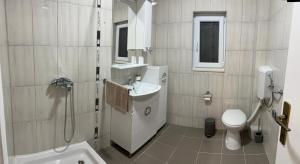 a bathroom with a sink and a toilet and a shower at Garden View Apartment in Čapljina +15 photos