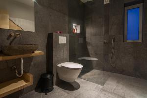 a bathroom with a toilet and a sink and a shower at Viking Cottages & Apartments in Akureyri