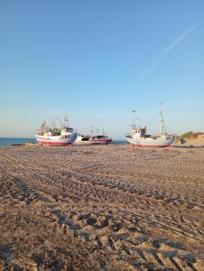 a group of boats sitting on a sandy beach at Vesterhavet in Nørre Vorupør