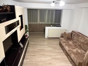 a living room with a couch and a television at Transfăgărașean Gateway in Curtea de Argeş