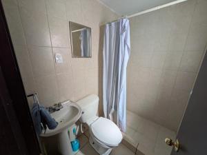 a bathroom with a toilet and a sink and a shower at Departamento privado zona de la UACH in Chihuahua