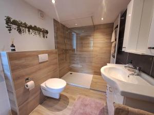 a bathroom with a toilet and a sink at NaturGenuss Wittgenstein in Bad Laasphe