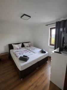 a bedroom with a bed and a flat screen tv at Ferienwohnung mit Pool und Sauna - Medebach in Medebach