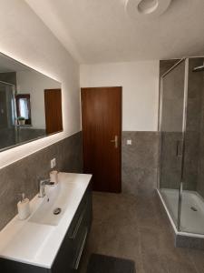 a bathroom with a sink and a shower at Ferienwohnung mit Pool und Sauna - Medebach in Medebach +8 photos