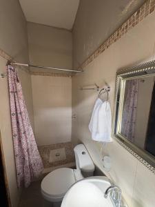 a bathroom with a toilet and a sink and a mirror at Dormitorio in Juticalpa