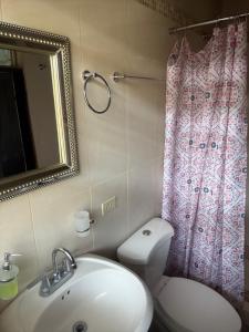 a bathroom with a sink and a toilet and a mirror at Dormitorio in Juticalpa