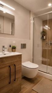 a bathroom with a toilet and a sink and a shower at OsiedLOVE Poddasze in Jędrzejów