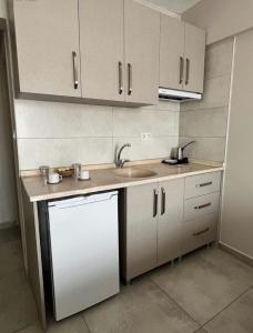 a kitchen with white cabinets and a sink and a dishwasher at Rain Suite in Istanbul